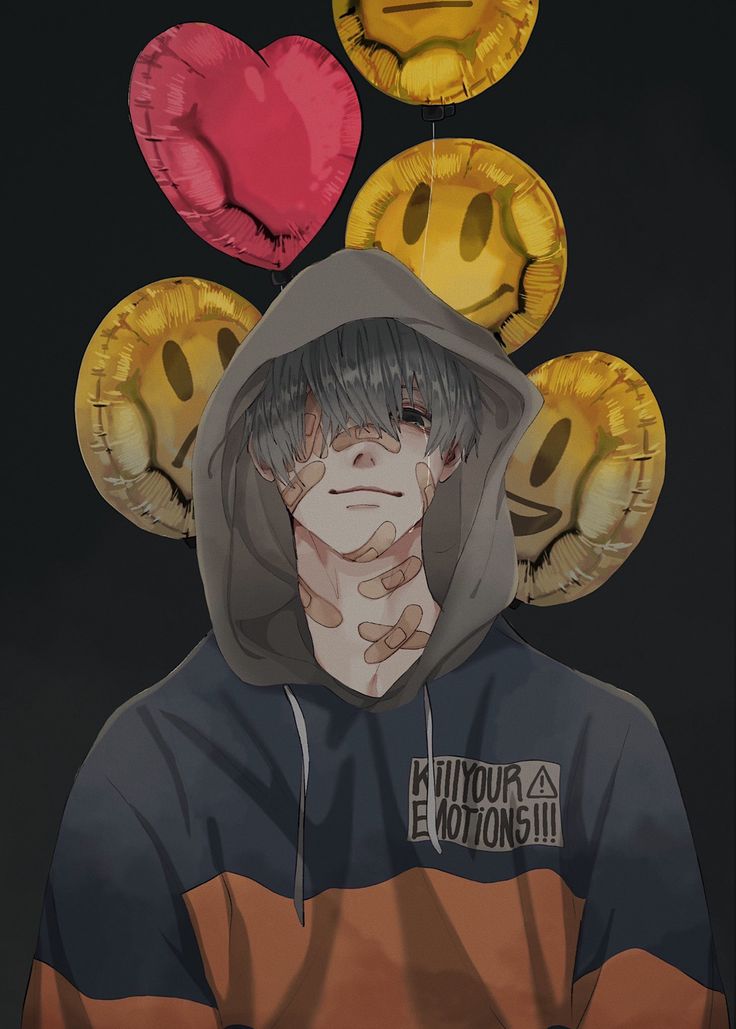 an anime character is surrounded by balloons in the shape of hearts and smiley faces on his hoodie