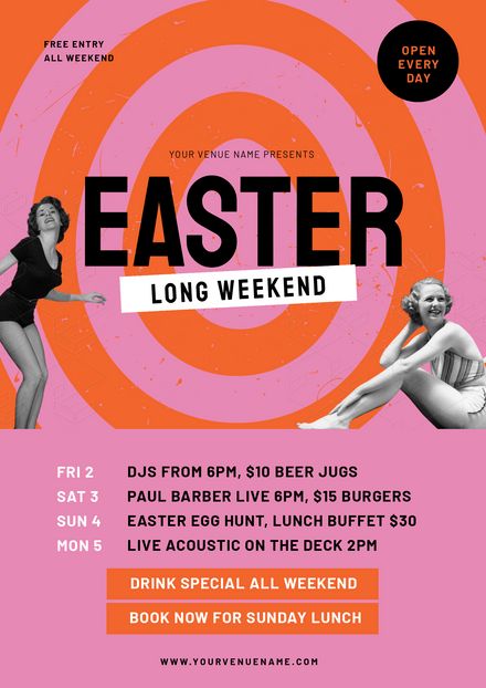 an easter party flyer with two women in swimsuits on the front and back