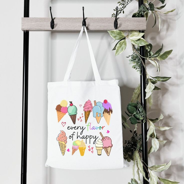 Show off your delicious style with this "Ice Cream Every Flavor of Happy 🍦🌈" tote bag! Featuring a colorful and playful design, this white tote will be your go-to for all of your activities - picnics, festivals, game day, school stuff and Holiday travels! You'll be feeling 'scoops' of happiness" everywhere you go! 🍨 This bag is a perfect way to showcase a bit of your personality! It is practical, stylish and environmentally friendly reusable. We hand press each item with love and care. 💙▸ Di Cute White Canvas Travel Bag, Cute White Rectangular Canvas Bag, White Summer School Bag, Trendy White School Canvas Bag, White Shoulder Bag Suitable As A Gift For School, Playful White Canvas Bag For Daily Use, Fun White Shoulder Bag For School, Trendy White Canvas Tote Bag, White Shoulder Bag For School