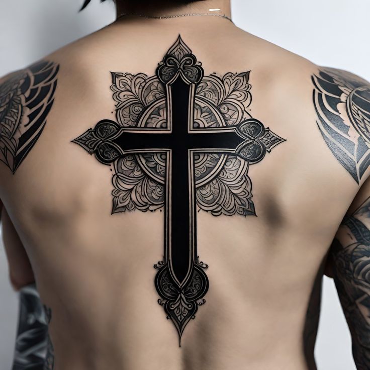 a cross tattoo on the back of a man