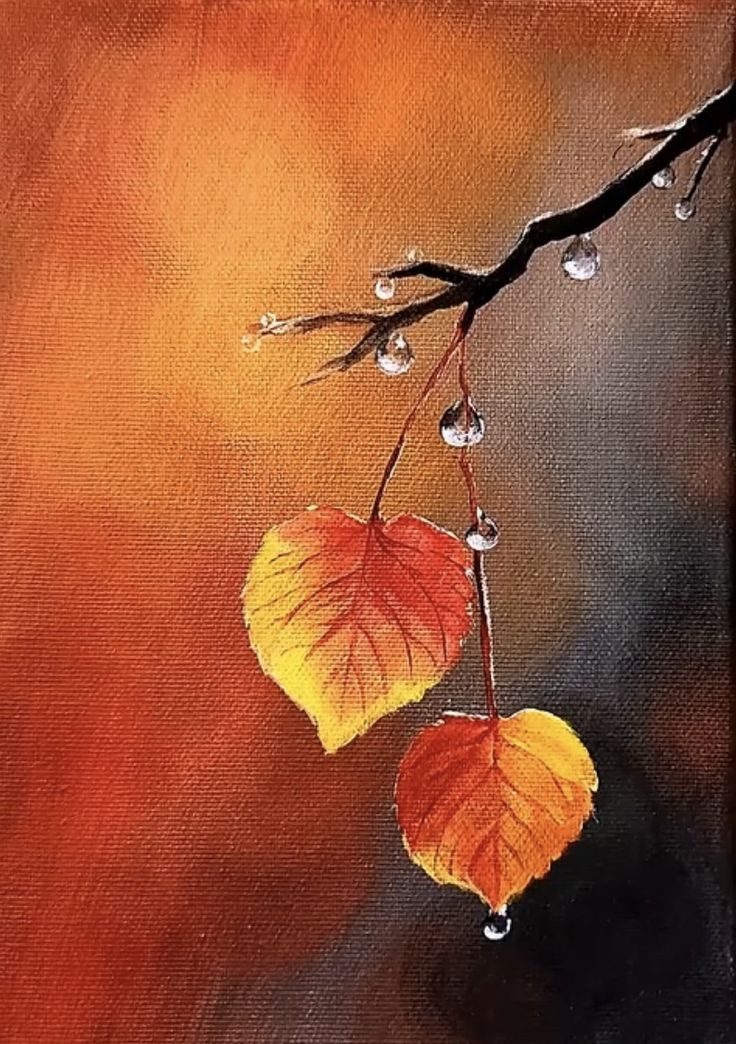 an oil painting of two leaves on a branch with drops of water hanging from it