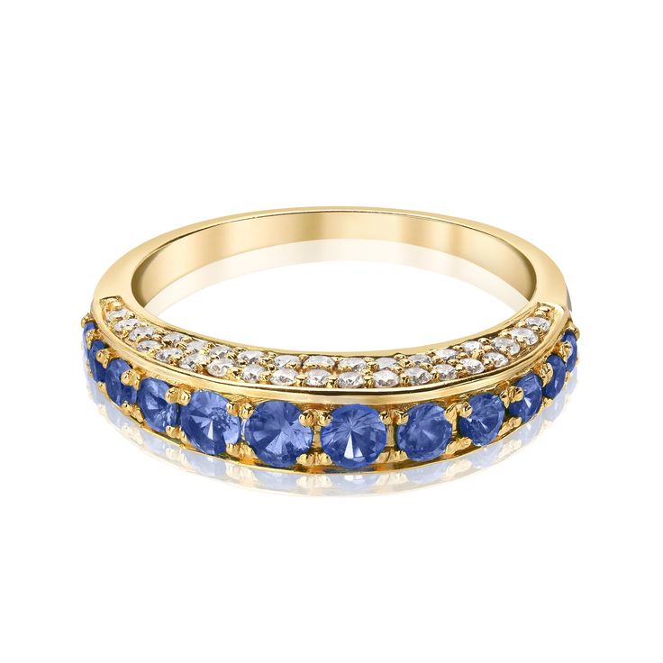 a yellow gold ring with blue sapphires and diamonds