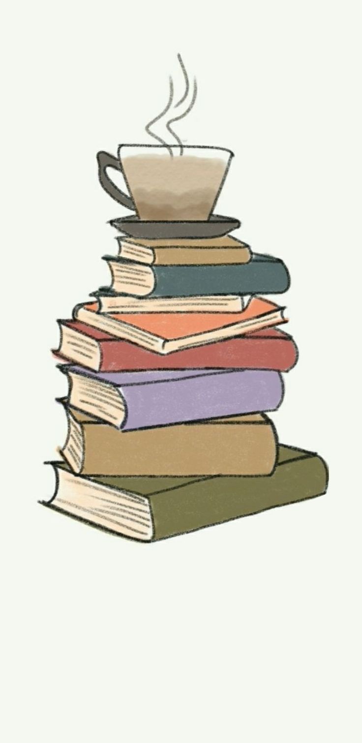 a stack of books with a coffee cup on top