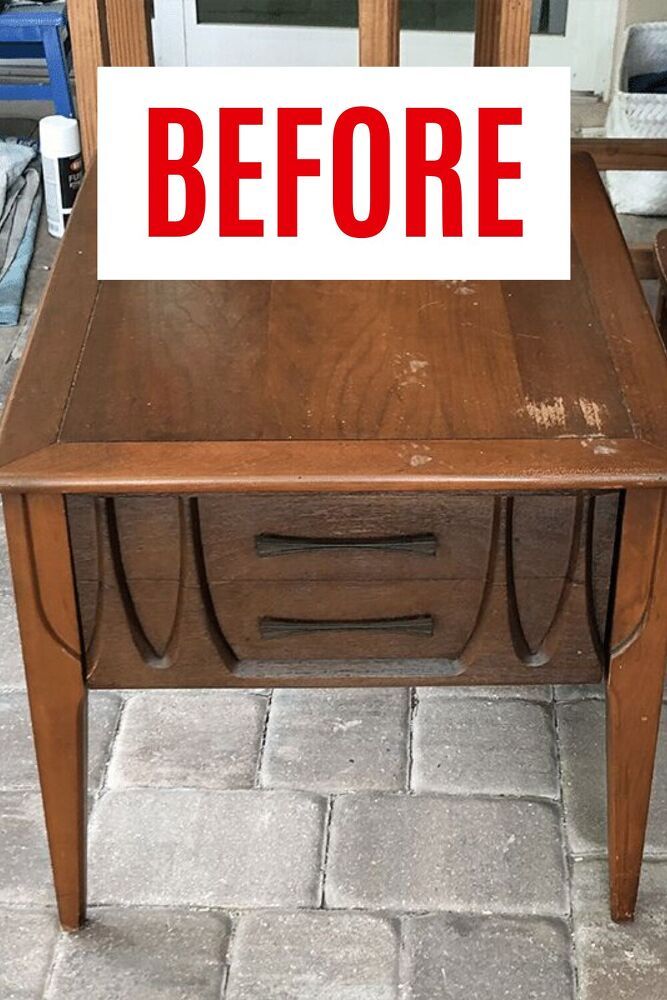 a table that has been cleaned and is sitting on the ground with a sign reading before