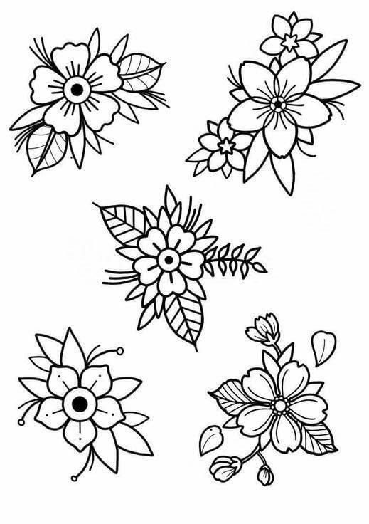 four different flowers that are drawn in black and white