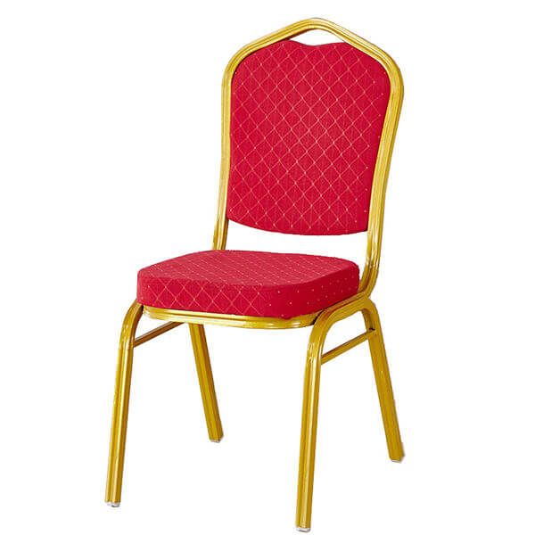 a red and gold banquet chair with diamond patterned upholstered back, viewed from the front