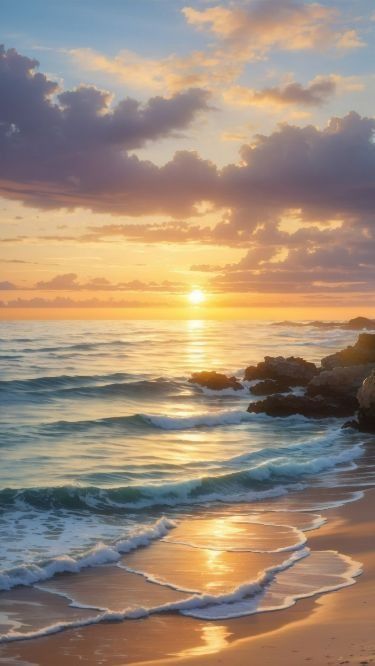 the sun is setting over the ocean with waves crashing on the shore and rocks in the foreground