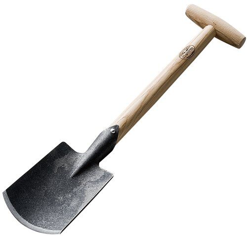 a shovel with a wooden handle on a white background