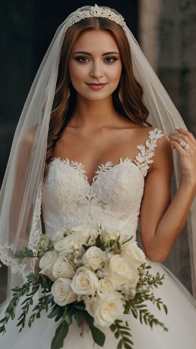 a woman in a wedding dress holding a bouquet