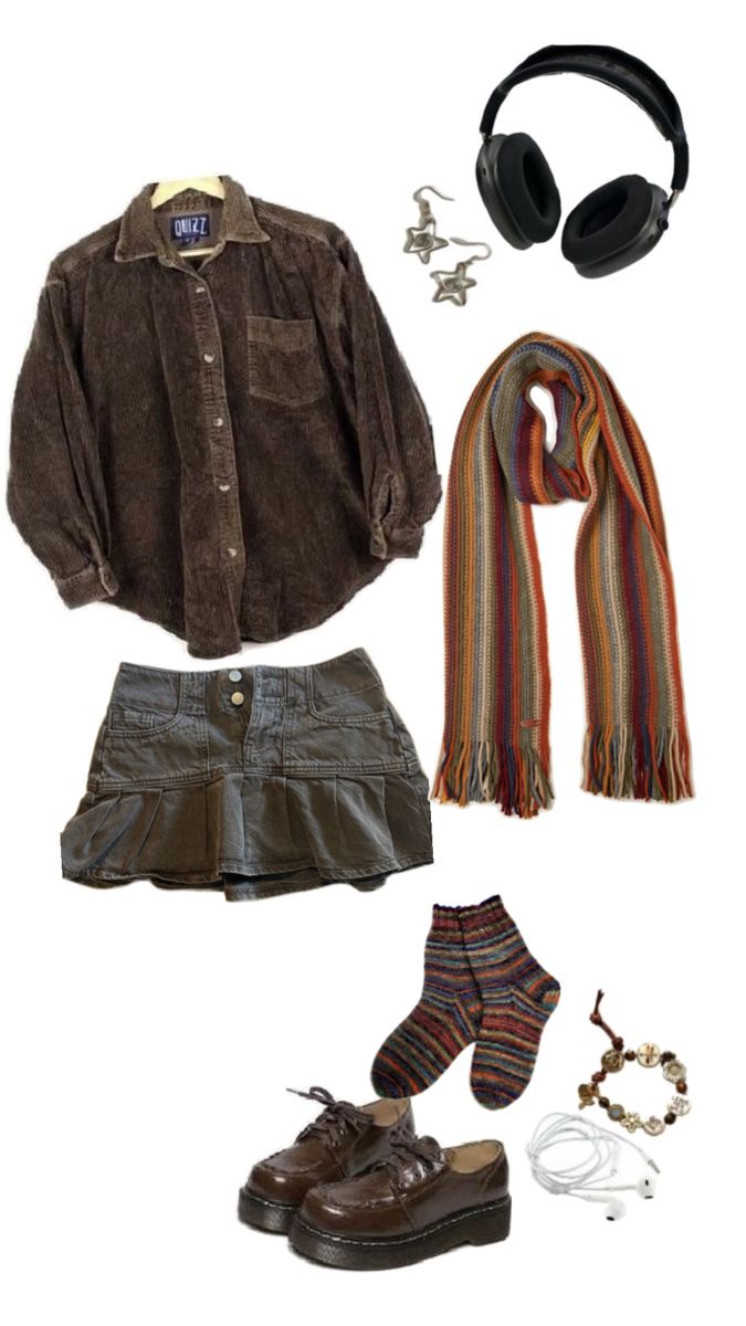 #cozy #autumn #docmartens #brownjacket #scarf #wiredheadphones #miniskirt #gilmoregirls #rorygilmore #downtowngirl #aesthetic #headphones Autumn Day Outfit, Aesthetic Headphones, Warm Fall Outfits, Looks Pinterest, Downtown Outfits, Funky Outfits, Cozy Autumn, Warm Autumn, Day Outfit