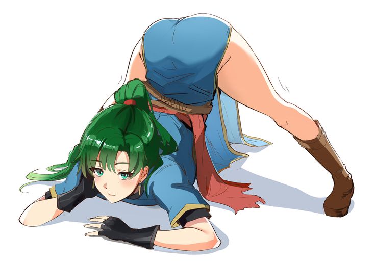 an anime character laying on the ground next to another character with green hair and blue eyes