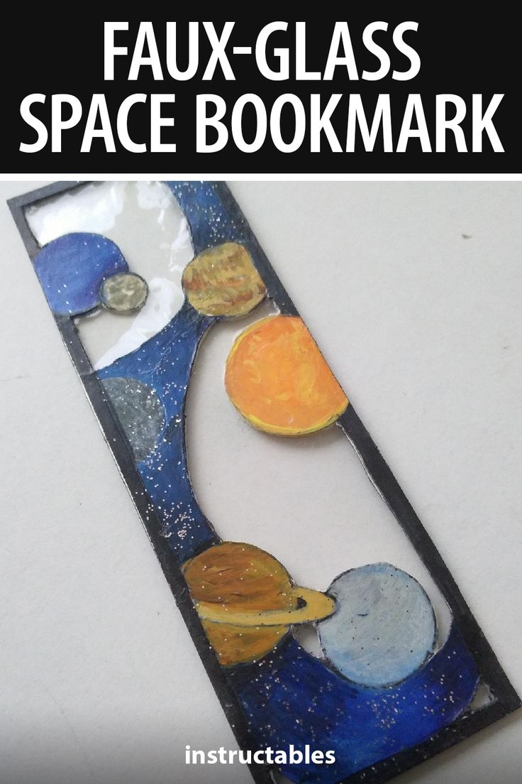 a bookmark with the words faux glass space bookmark on it and an image of planets