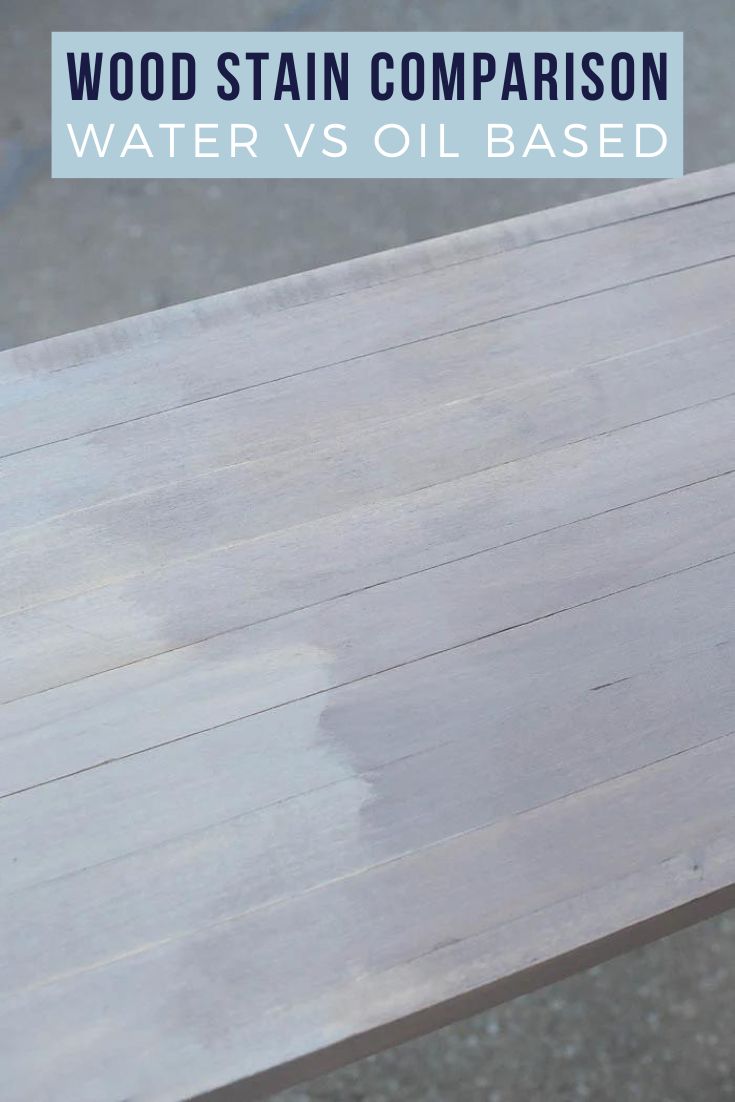 a wood stain comparison between water and oil based paint on a wooden table with text overlay that says, wood stain comparison