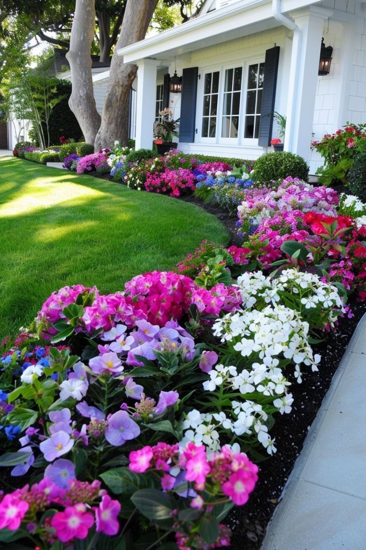 colorful flowers in front of a white house