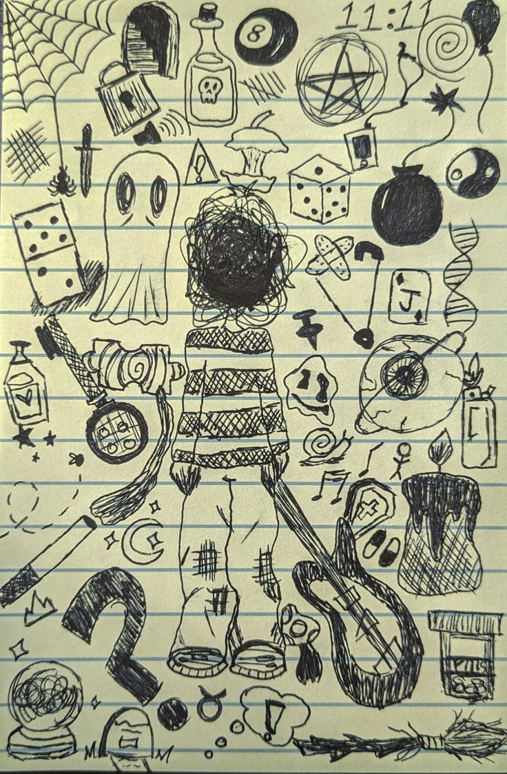 a drawing on lined paper with various objects