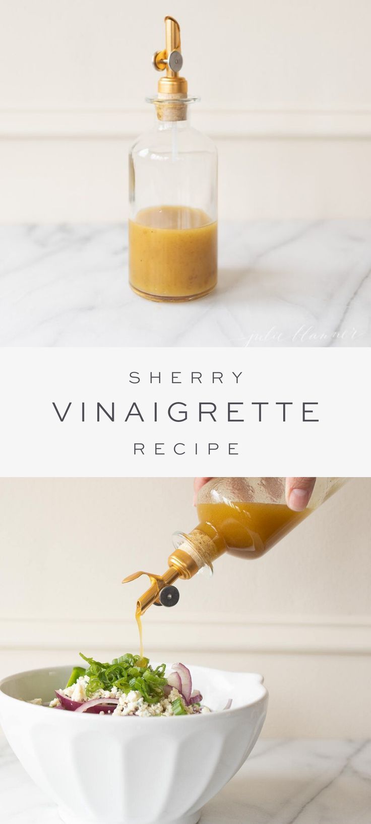 a person pouring dressing into a white bowl with vegetables in it and the words cherry vinaigrette recipe below