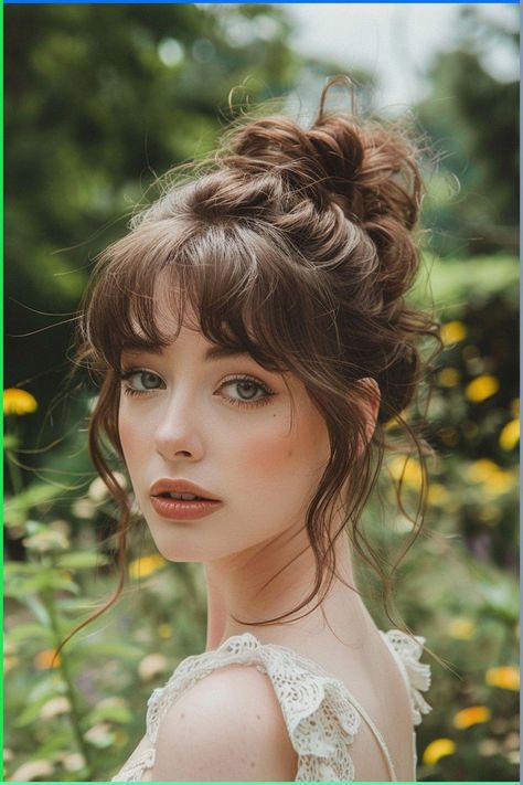 Short Hair Bangs Wedding Hairstyle, Puffy Bangs Hair, Semi Formal Hairstyles With Bangs, Side Bangs Wedding Hair, Bridal Hair Half Up Bangs, Medium Length Formal Hairstyles With Bangs, Updo With Curly Bangs, Short Feathered Bangs, Wedding Hair Bangs Updo