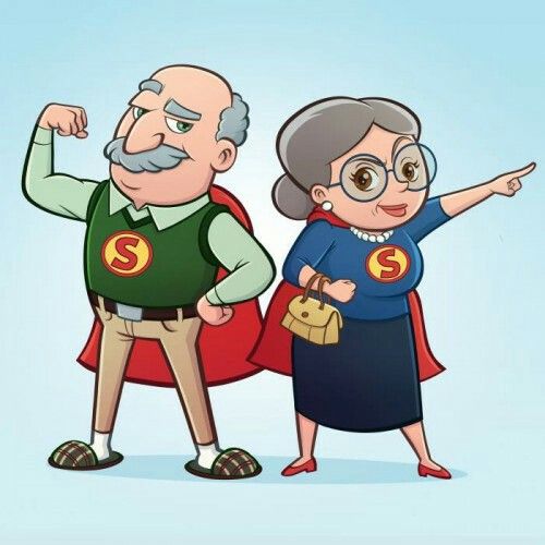 an older man and woman dressed as super heros