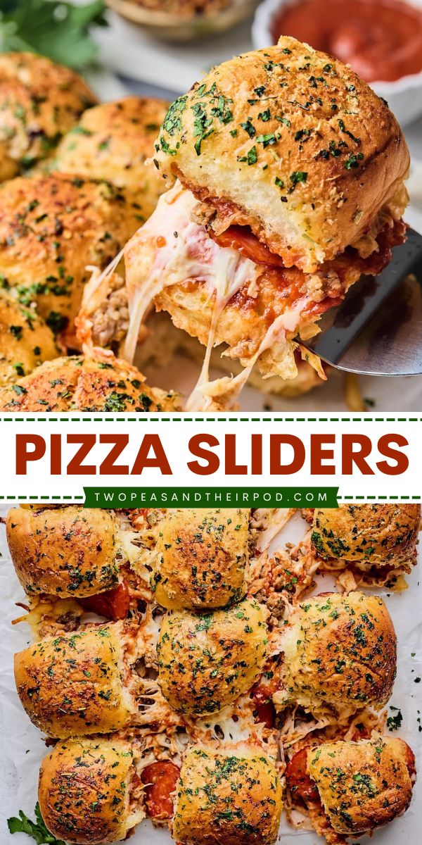 These Pizza Sliders are an easy appetizer recipe that starts with Hawaiian rolls stuffed with pepperoni, sausage, mozzarella cheese, and pizza sauce. It makes a delicious Gameday recipe or snack idea for a party! Pepperoni Sliders Recipes, Recipes With Salami And Pepperoni, Fun Sliders Recipes, Sliders Recipes Hawaiian Rolls Pizza, Pizza Sliders Hawaiian Rolls Recipe, Leftover Pepperoni Recipes, Game Day Meals For A Crowd, Hawaiian Roll Italian Sliders, Pizza Hawaiian Sliders