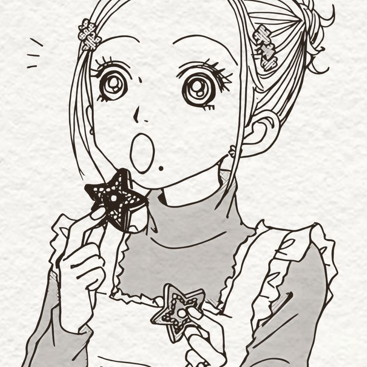 a drawing of a girl with a bow in her hair, holding a star and looking at the camera