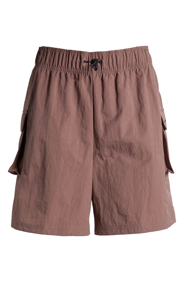 These high-waisted shorts are made from a soft, smooth woven fabric with a roomy fit, making them perfect for workouts and casual wear. Cargo pockets allow for secure storage of your small essentials. 4 1/2" inseam; 28" leg opening; 13" front rise; 17" back rise (size Medium) Drawcord-toggle waist 100% nylon Machine wash, tumble dry Imported Sporty Bermuda Cargo Shorts For Summer, Sporty High Waist Shorts With Pockets, Relaxed Fit Bermuda Shorts For Athleisure, Relaxed Fit Bermuda Shorts Athleisure Style, High Waist Nylon Shorts With Elastic Waistband, Sportswear Shorts For Outdoor, Relaxed Fit Bermuda Athleisure Shorts, Casual Biker Shorts For Outdoor, Casual Brown Athletic Shorts For Summer