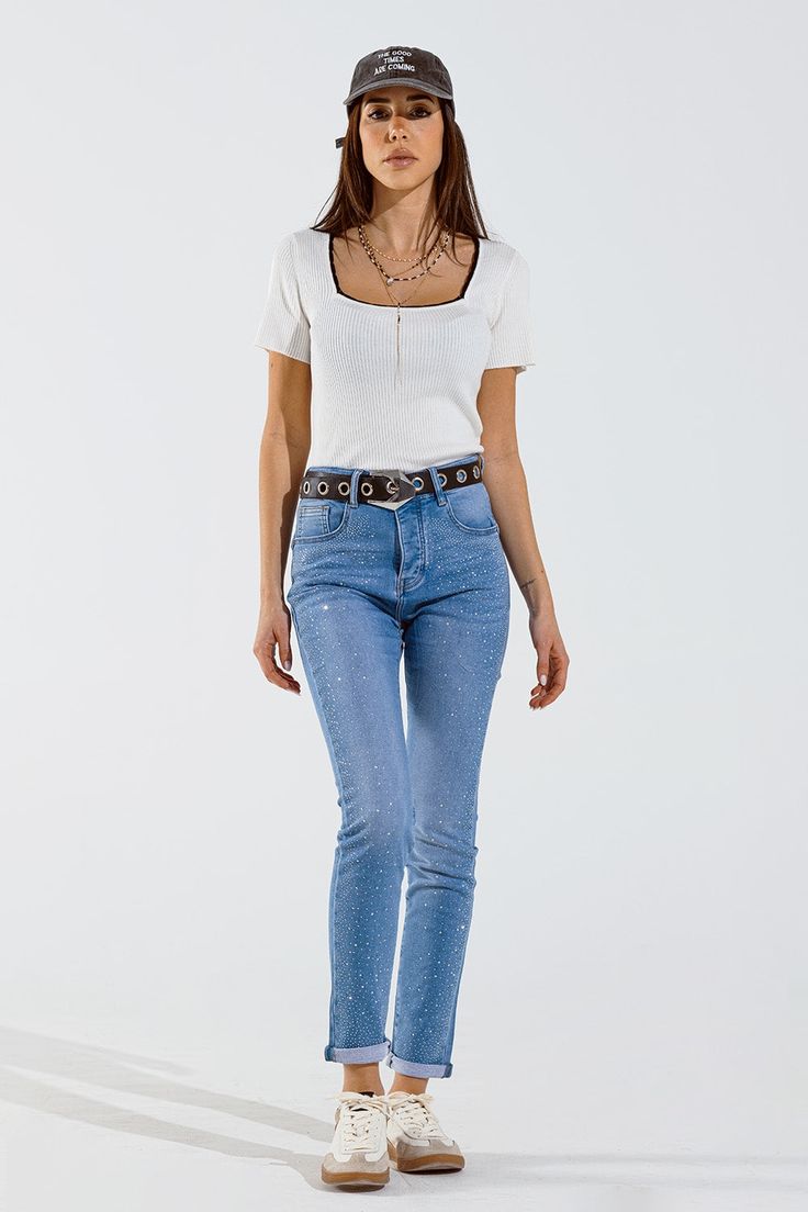 Subcategory: Jeans. Fit: Skinny fit. Leg: Skinny. Style: Party. Jean type: Push up jean. Detail: Strass detail. Fabric: Stretch denim. Pockets: Five pockets. Zipper: Zip fastening. Waist: Belt not included. runs true to size. S. 82% Cotton 16% Polyester 2% Elastane Look Formal, Trim Fabric, Elegant Styles, Short Sleeve Sweater, Fine Knit, Formal Looks, Spring Wardrobe, Trendy Style, Knit Shorts