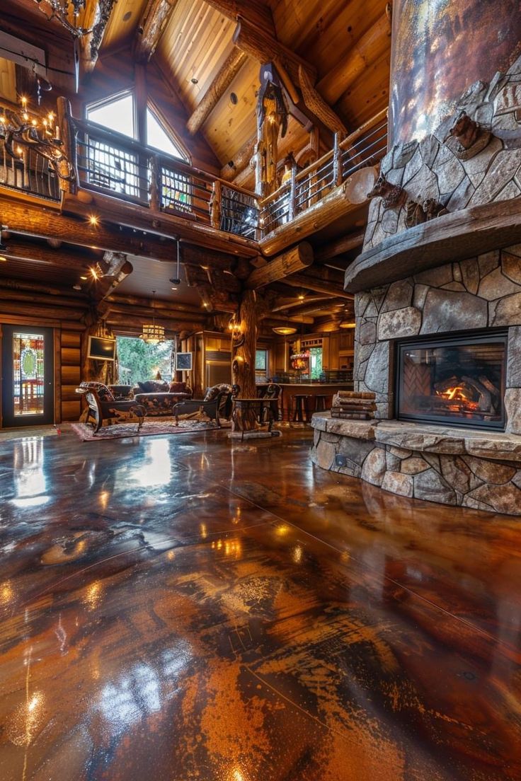 the inside of a large log cabin with stone fireplace