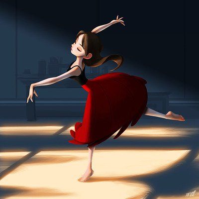 a digital painting of a woman in a red dress dancing with her arms spread out