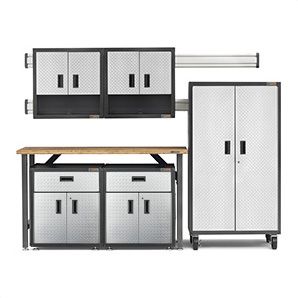 the garage furniture set includes two cabinets and one workbench