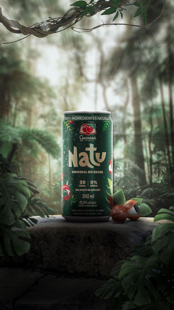 a can of natu is sitting on a rock in the middle of a forest