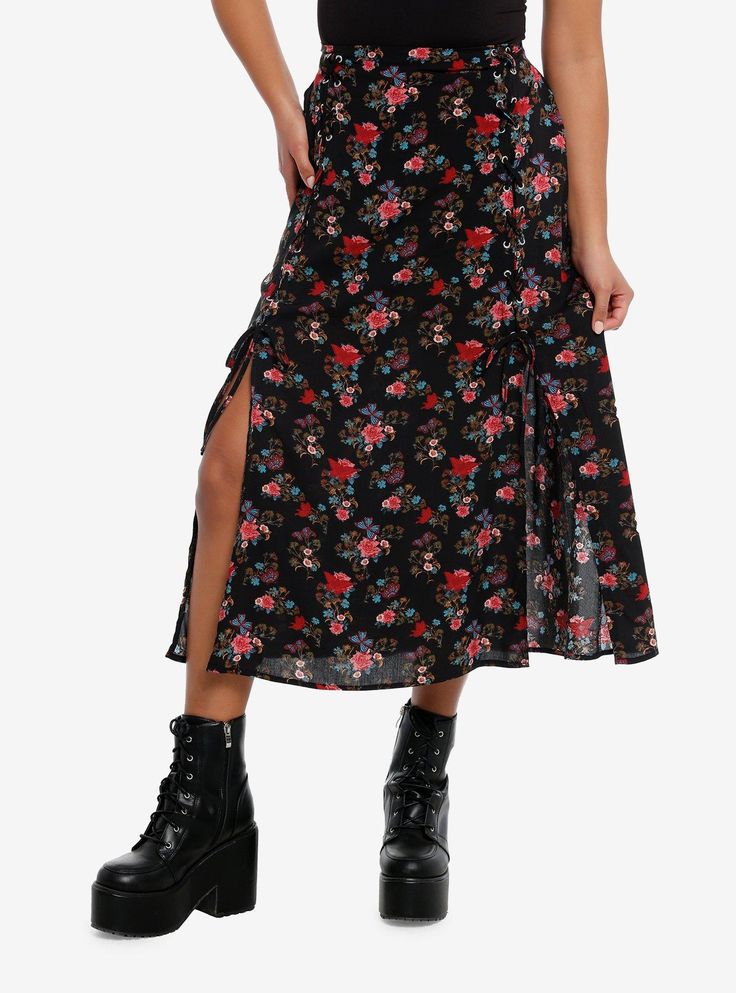 Let your wardrobe bloom with this dreamy midi skirt! It features an allover print of red & blue butterflies and flowers. Comes with lace-up details and slits on both legs. 100% rayonWash cold; dry lowLength: 30"ImportedListed in junior sizesModel is 5'9"Model wears size Small Skirt And Combat Boots Outfit, Early Fall Fashion, Cutesy Outfit, Fall Business Casual, Combat Boot Outfit, Hot Topic Clothes, Late Summer Early Fall, Business Casual Fall, Midsize Outfits