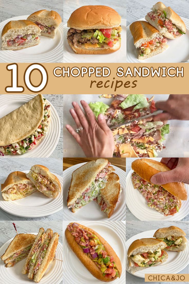 10 different sandwiches on plates with the words'10 chopped sandwich recipes'in front of them