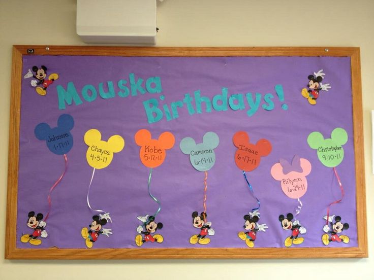 a bulletin board with mickey mouse birthdays on it and balloons attached to the board