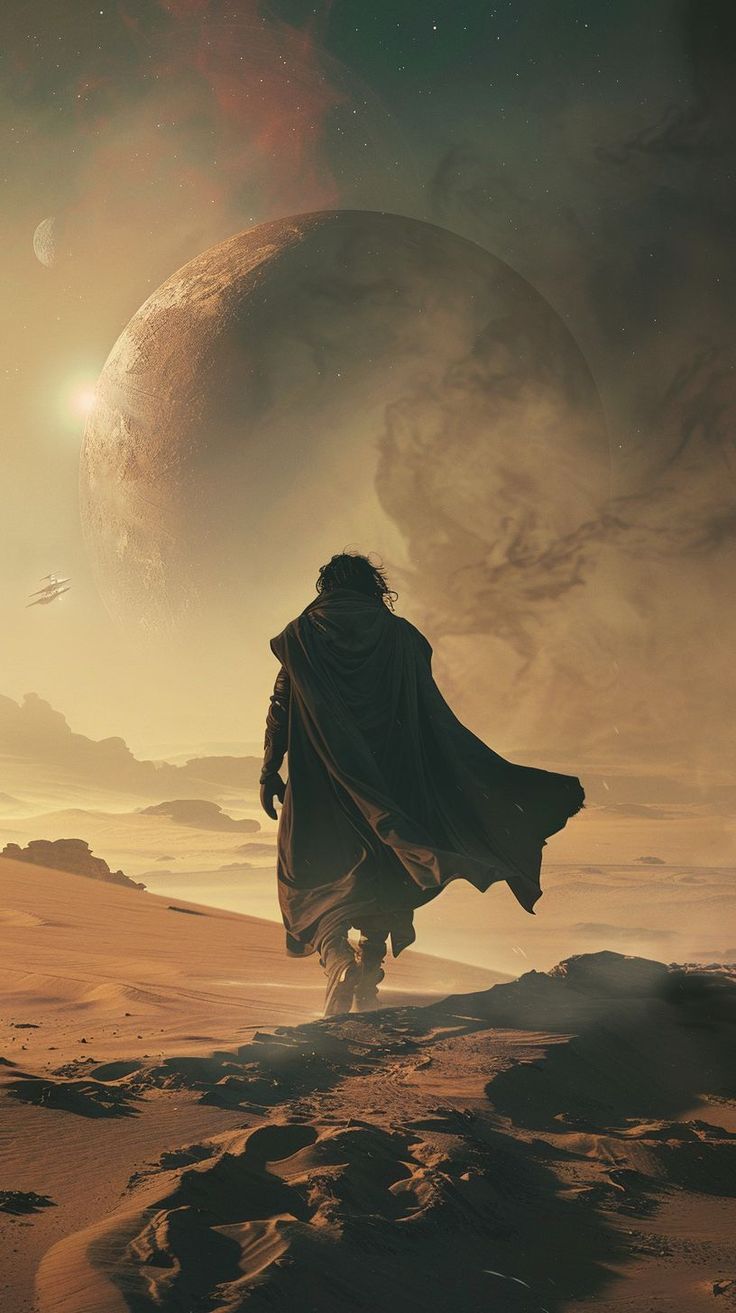 an artist's rendering of a man walking in the desert towards a distant planet