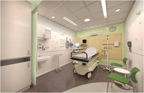 a hospital room with green chairs and white walls