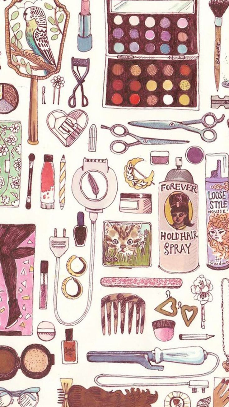 a drawing of various items that include makeup, eyeliners and hairbrushes