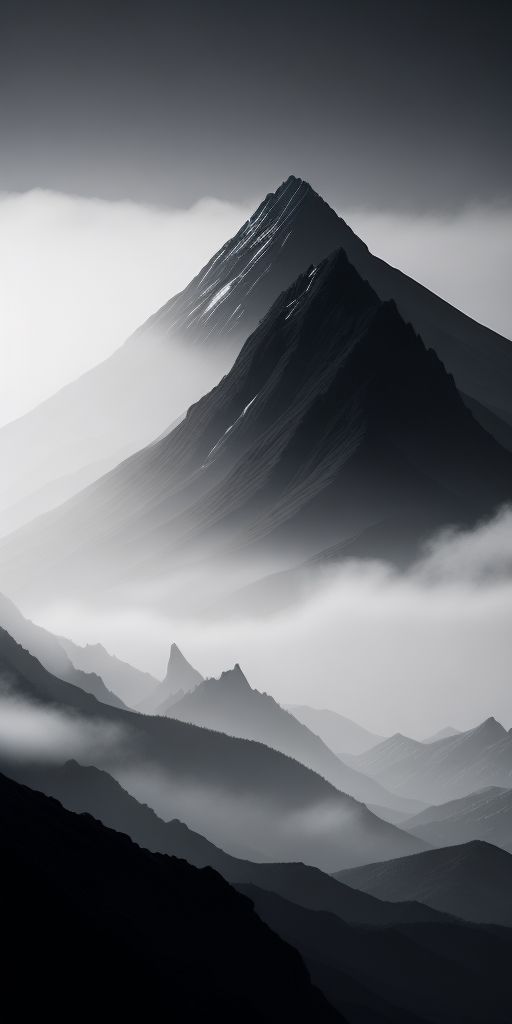 black and white photograph of mountains with fog