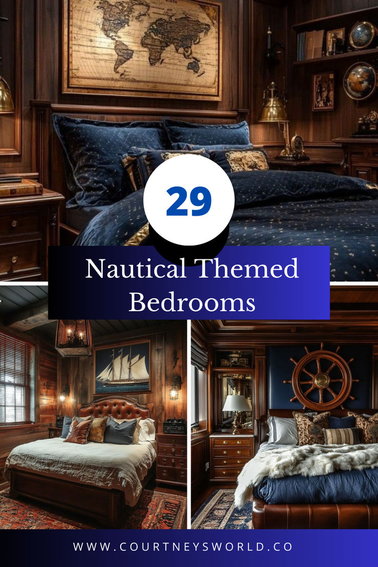 the bedroom is decorated in wood and has nautical themed decor, including a bed with blue sheets