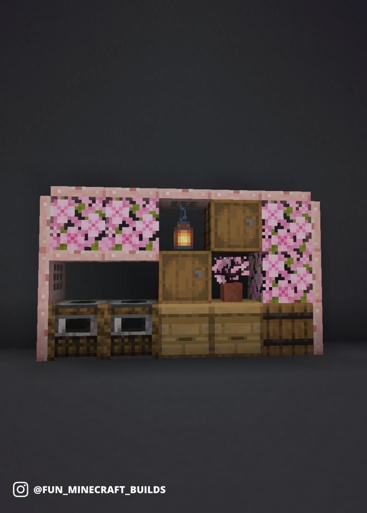 a minecraft kitchen with pink flowers on the counter and cabinets in front of it