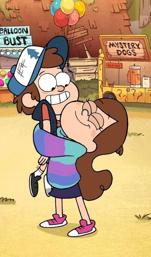 a cartoon character hugging another character with balloons in the background