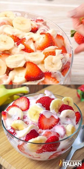 a bowl of fruit salad with bananas and strawberries