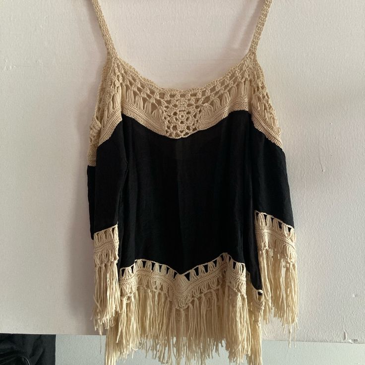 Black And Cream Knit Fringe Shirt. New With The Tags! Casual Black Knit Top For Beach, Summer Knit Tops With Fringe, Summer Knit Top With Fringe, Black Knit Top For Beach, Casual Black Crochet Cotton Top, Black Crochet Cotton Top, Casual Black Cotton Crochet Top, Black Cotton Crochet Top Casual Style, Bohemian Knit Tops With Fringe