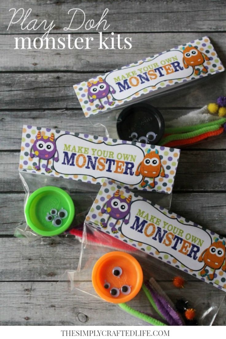 two plastic bags filled with monster themed items and the words, play doh monster kits