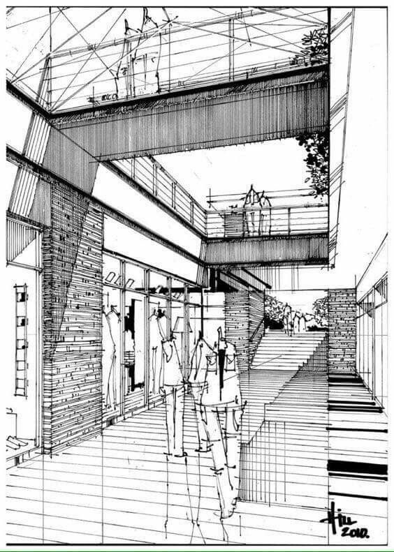 a black and white drawing of people standing in front of a brick building with stairs