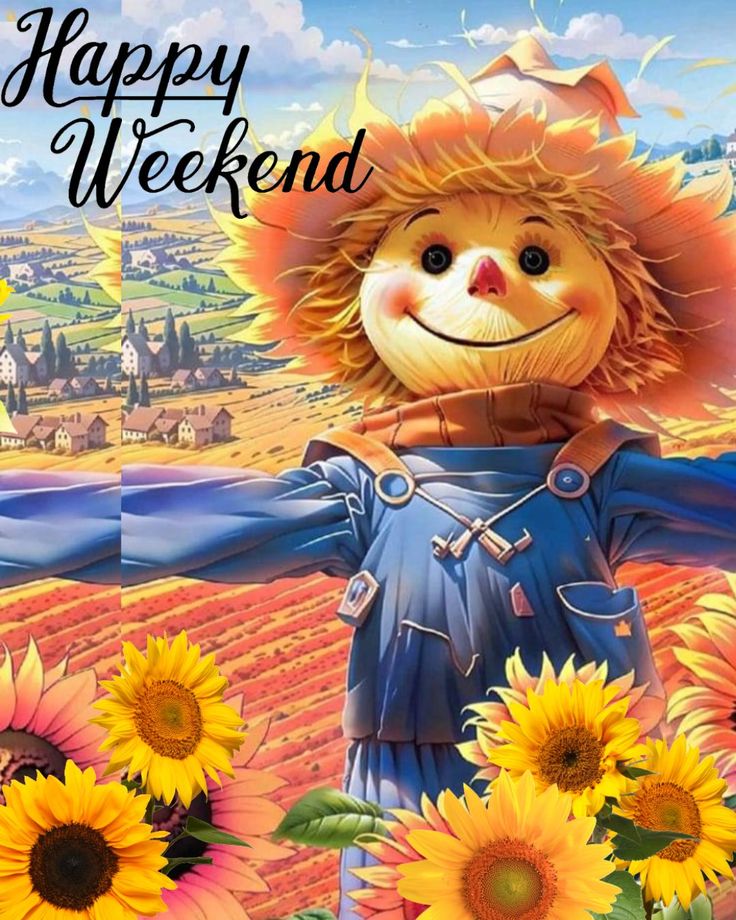 a scarecrow with sunflowers in the foreground and a farm scene in the background