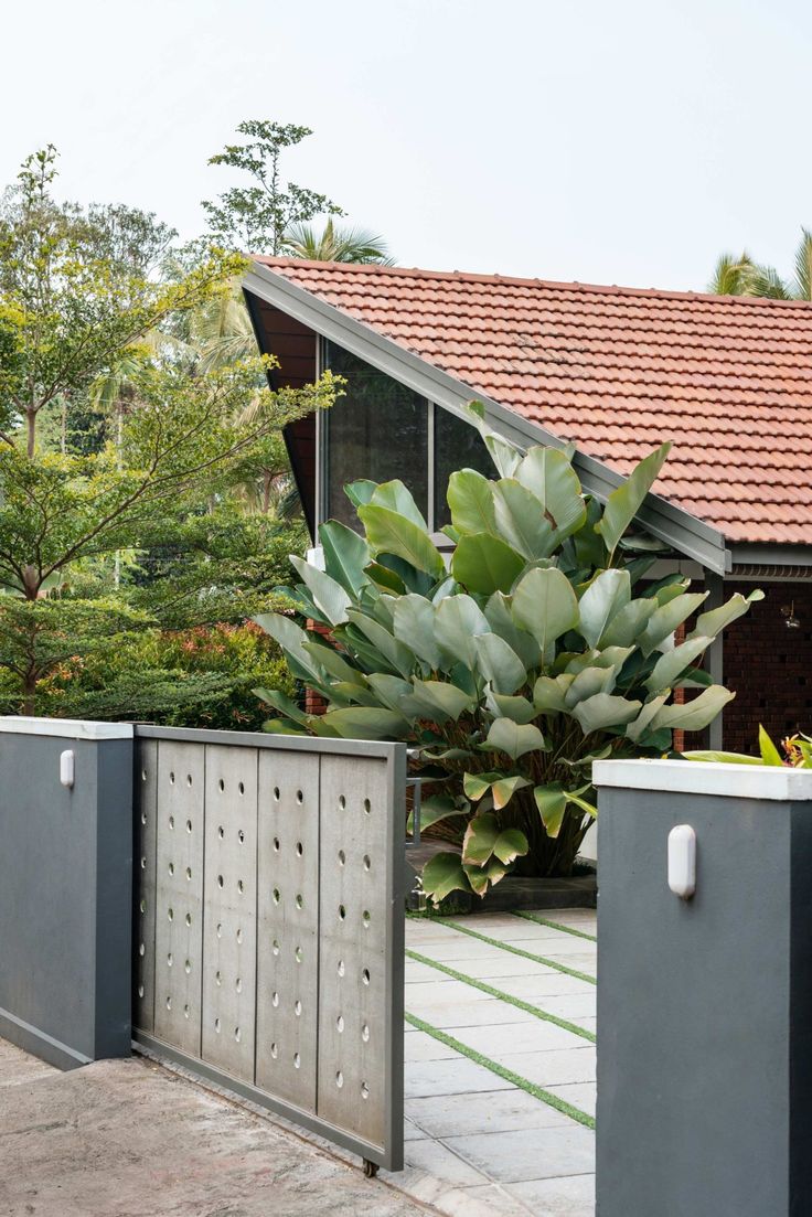 an outdoor area with metal gates and plants