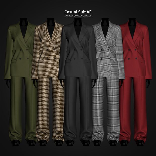 several different colored suits on mannequins in front of a black background with the words casual suit af