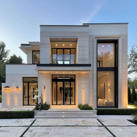 American Home Exterior Design, Pretty Modern House Exterior, Soft Modern House Exterior, Luxury Tiny House Exterior, Black And White House Exterior Modern Dream Homes, New Home Architecture, Luxury House Designs Exterior, Back Terrace Ideas, White Brick House Modern