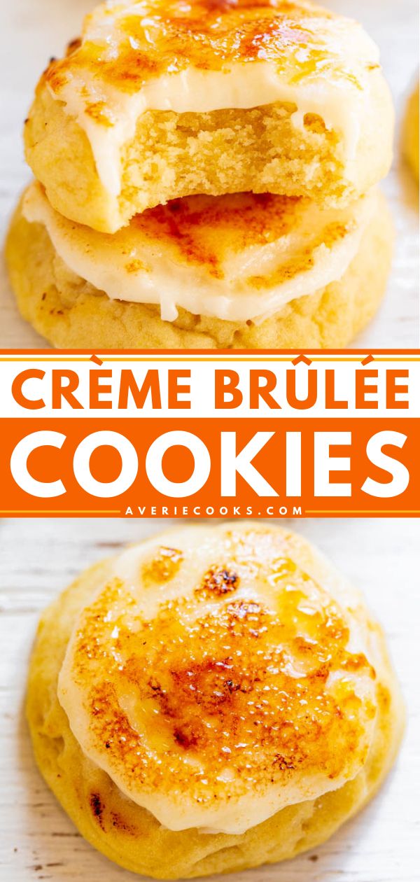 three different types of creme brulee cookies on a white table with orange text