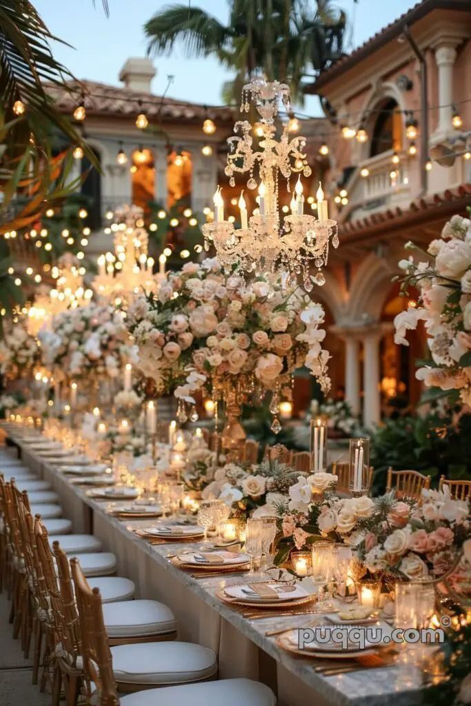 a long table is set with white flowers and candles for an elegant wedding reception at the mansion